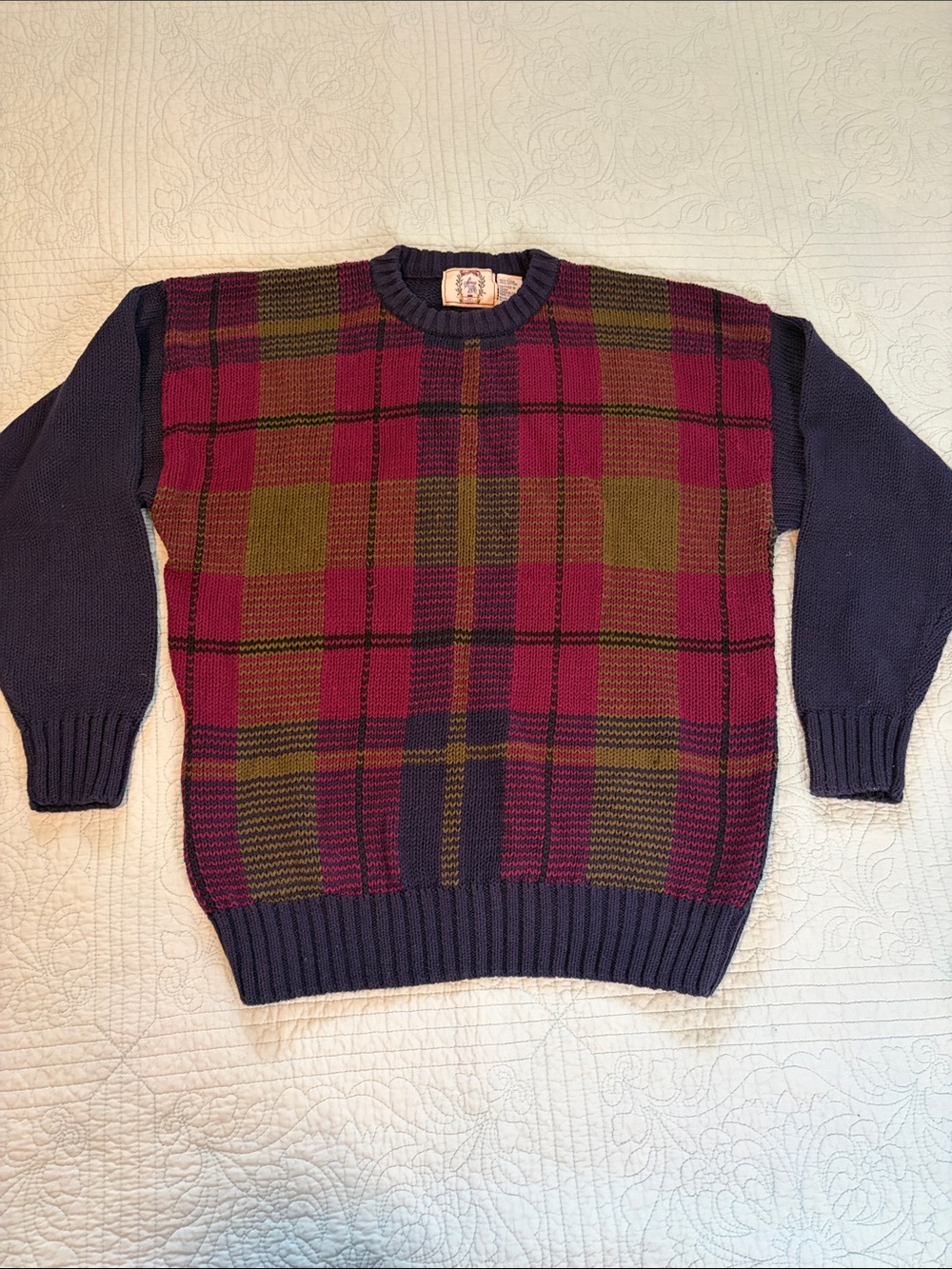 Vintage Plaid Crewneck Sweater in Cotton and Ramie Blend